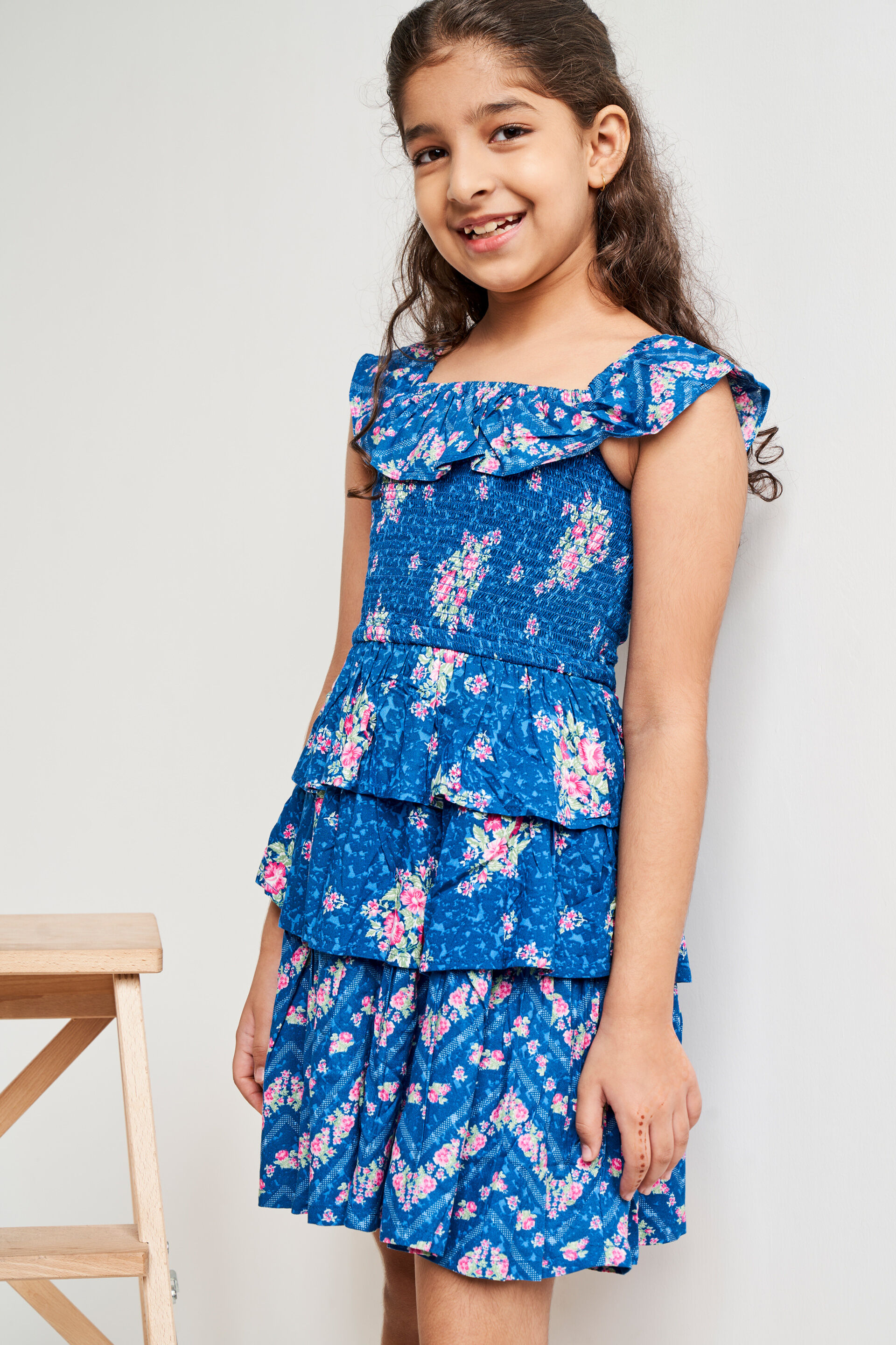 Blue Floral Short Sleeves Dress, Blue, image 5